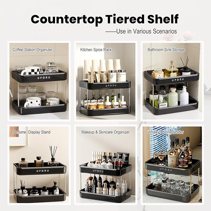 Countertop Coffee Station Organizer, 2 Tier Wine Glass Holder, Mug Display Shelf with Removable Drain Tray, Spice & condiment Rack for Kitchen, Bathroom Countertop Organizer, Black