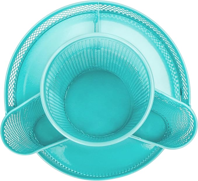 Annova Mesh Desk Organizer Rotate with 5 Compartments Round Spinning Tidy Candy/Pen Holder Desk Accessories Office, Art Supply, Storage, Classroom, Home (Turquoise)