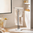 Bathroom Towel Rack Freestanding Floor Stand: Black 36in 2‑Bar Weighted Marble Base Towel Holder, Rustproof 304 Stainless Steel Drying Rack for Bath&Hand Towels, No‑Drill Slim Organizer, Spa Pool