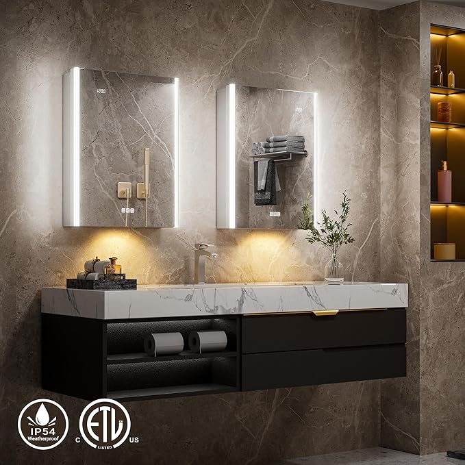 24x32 LED Bathroom Medicine Cabinet Mirror with Smart Night Lamp, Surface or Recessed Fogless Lighted Medicine Cabinet Mirror with Outlet &Clock,Built-in Sensor Light& Soft-Close Right-Hinge