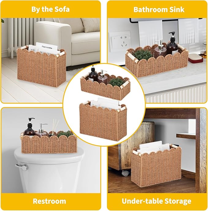 Garvee 2-Pack Scalloped Wicker Baskets for Organizing, Woven Paper Rope Storage Bins with Handles, Toilet Paper Basket Decorative for Countertop, Shelf, Bathroom, Tank Top