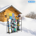 Freestanding Snowboard Rack - Ski Holders for 4 Pairs of Skis, 3 Pack Snowboard, Boot, Pole, Goggles, Helmet and More, Heavy Duty Steel Floor Stand Ski Organizer for Garage, Shed, Basement