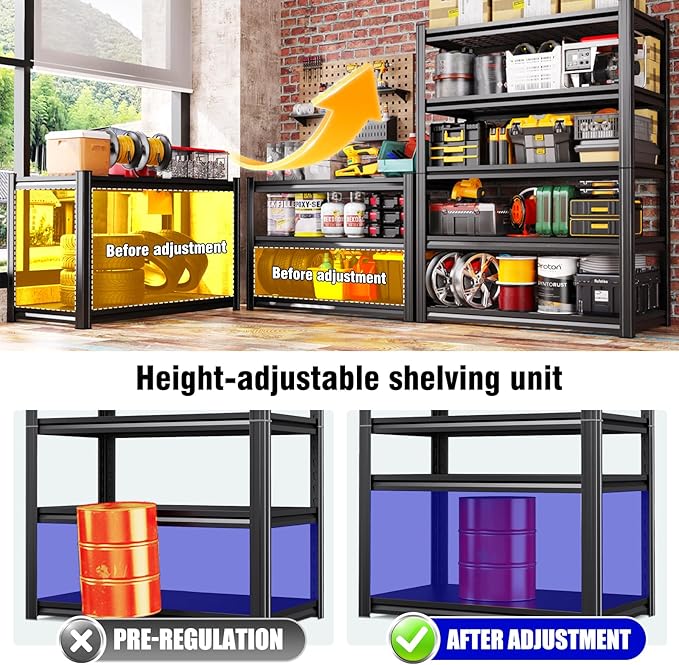 2Pack 59" W Heavy Duty 5-Tier Garage Shelving Unit,2500 lbs Capacity Adjustable Metal Storage Rack, Boltless Steel Shelves for Garage, Basement, Warehouse, Pantry & Kitchen 72"x59"x20",Black
