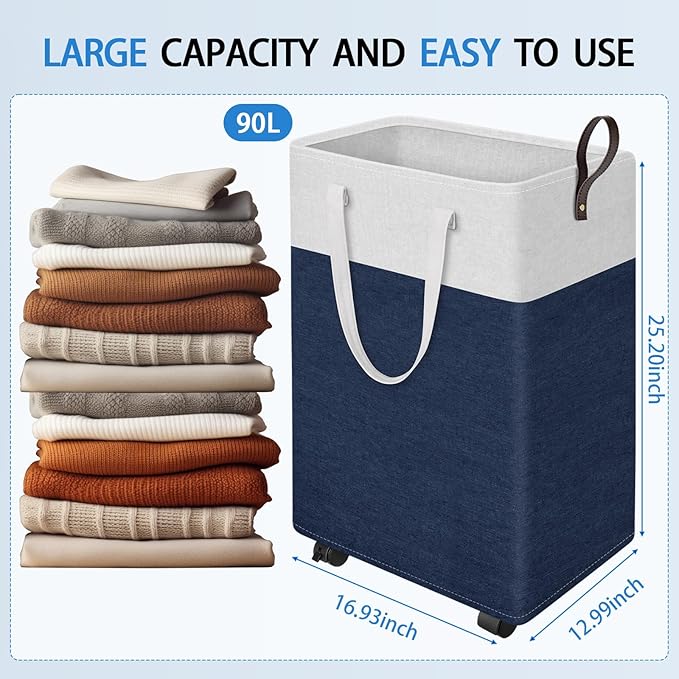 HomeHacks 90L Rolling Laundry Hamper with 4 Smooth Wheels, Collapsible Waterproof Clothes Basket, Freestanding Tall Hamper with Extended Handles for Bedroom/Dorm/Laundry Room (Blue)