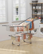 Clothes Drying Rack, Foldable 2-Level Laundry Drying Rack with Height-Adjustable Wings, for Clothing & Bedding, Free-Standing Space-Saving Rack, Indoor & Outdoor, 70" L × 22.8" W, Gray