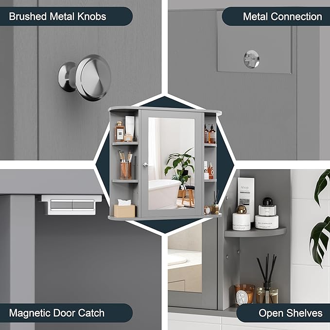 Bathroom Medicine Cabinet with Mirror, Wall Mounted Home Storage with Door, Over The Toilet Space Saver Storage Cabinet, Bathroom Cabinet Wall Mounted, Grey