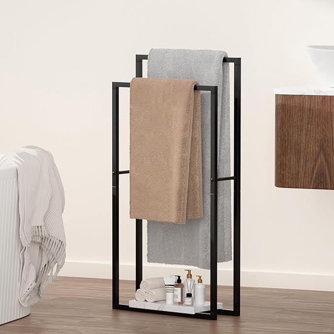 KES Standing Towel Racks for Bathroom with Heavy Marble Base, 38" H Towel Rack Stand for Bathroom 2-Tier, Blanket Rack for Bathroom Floor, Matte Black, BTH501-BK