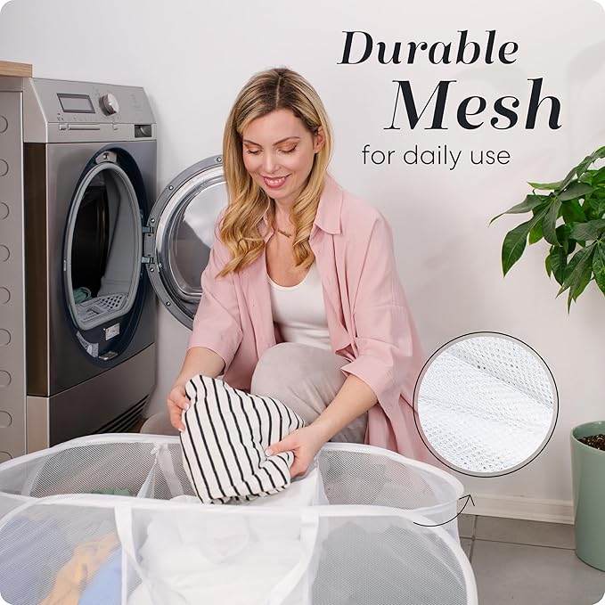 Handy Laundry Collapsible Laundry Basket, 3-Compartment Mesh Laundry Sorter, Foldable Pop Up Hamper with Handles, Space-Saving Durable Organizer for Dorm, Bedroom, Travel, White