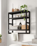 Bathroom Shelves Towel Racks Over Toilet Storage with Towel Bar 3 Tier Floating Wall Mounted Space Saving Bamboo Paper Holder for Bathroom Laundry Room Kitchen Organizers (Black)