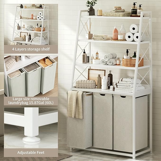 Laundry Basket, 3 Section Laundry Hamper with 4 Tiers Shelf, Pull-Out and Removable Laundry Bags, Large 3 x 15.87 Gallons, for Laundry Room Bathroom White PF05XLW