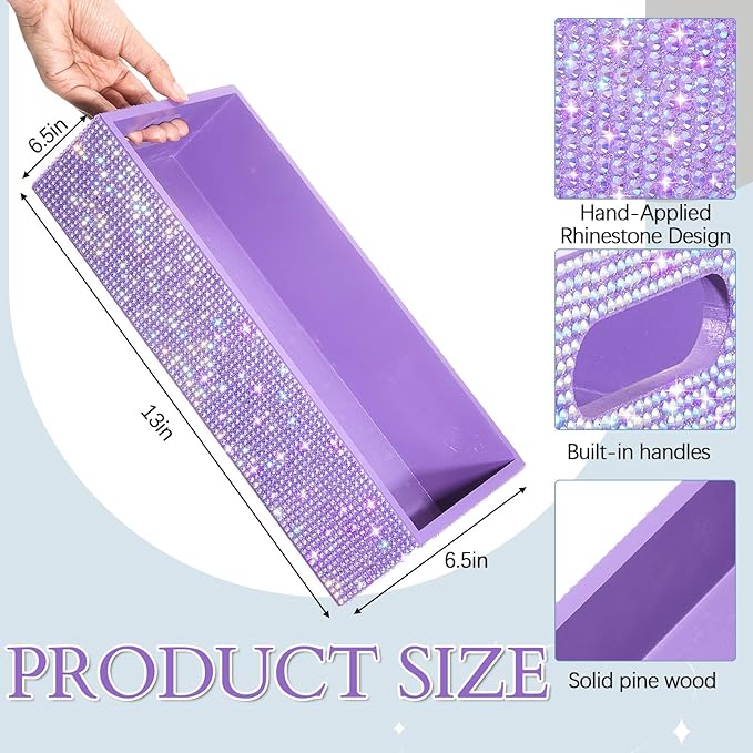 Honeydak Bling Rhinestone Bathroom Basket with Handle 13" x 6" x 3" Toilet Tank Tray, Crushed Diamond Bathroom Decor Accessories, Back of Toilet Storage Organizer, Sparkly Gifts for Women (Purple)