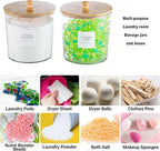 Laundry Room Organization Container, 2pcs Round Acrylic Laundry Pod Storage Containers, Dryer Sheet Holder Jars with Bamboo Lids and Labels for Scent Booster Powder Detergent Pods Storage
