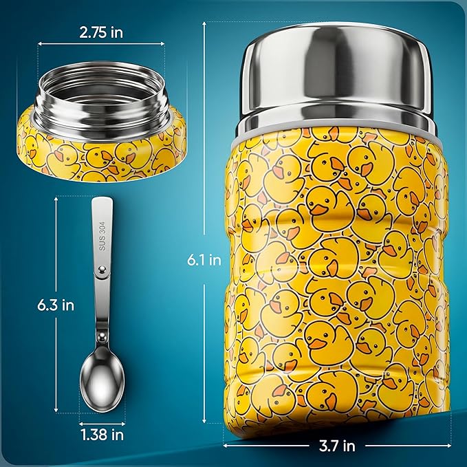 Earth&ME 17 OZ Soup Thermo for Hot & Cold Food for Kids, Vacuum Insulated Steel Lunch Container, Kids Wide Mouth Bento Thermal Food Jar, Warm Food Lunchbox Thermo Bowls with Spoon (Yellow Ducks)