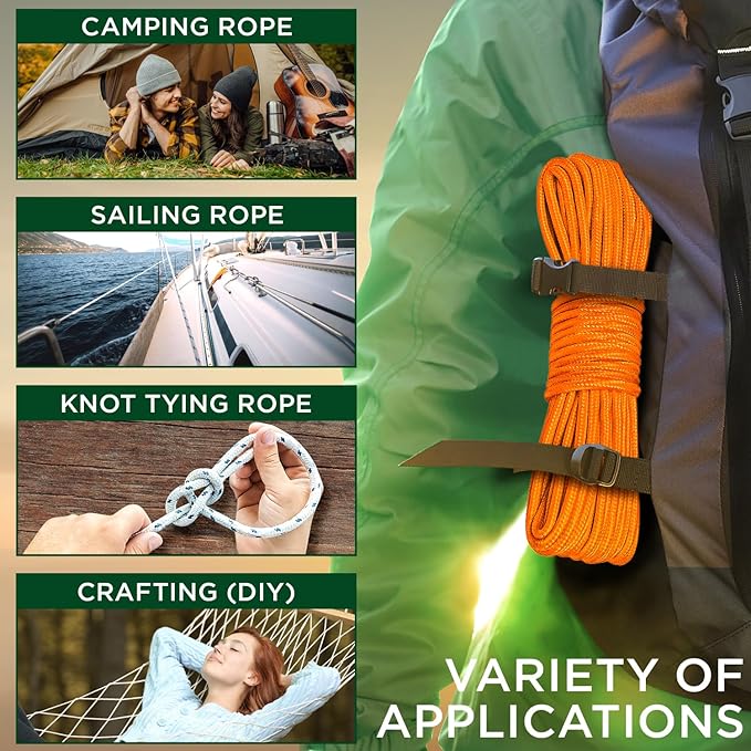 TECEUM Rope – 90 Feet x 1/4 Inch (7mm) – Orange Yellow – Strong All-Purpose Utility Rope – Camping, Crafting, Flag Pole, Indoor & Outdoor – Polypropylene Nylon Poly Lightweight Diamond Braided Cord