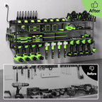 Power Tool Organizer Wall Mount with Charging Station – 12 Drill Holder Rack with 8-Outlet Power Strip, Heavy Duty Garage Battery Charging Station, Tool Storage Rack for DeWalt, Milwaukee