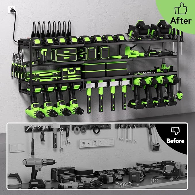 Power Tool Organizer Wall Mount with Charging Station – 12 Drill Holder Rack with 8-Outlet Power Strip, Heavy Duty Garage Battery Charging Station, Tool Storage Rack for DeWalt, Milwaukee