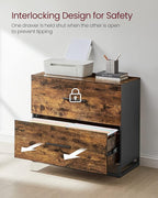 VASAGLE Lateral File Cabinet, Home Office Printer Stand, 2-Drawer Filing Cabinet, with Anti-tip Interlocking Mechanism, for A4, Letter-Size, Legal-Size Hanging Files, Rustic Brown and Ink Black