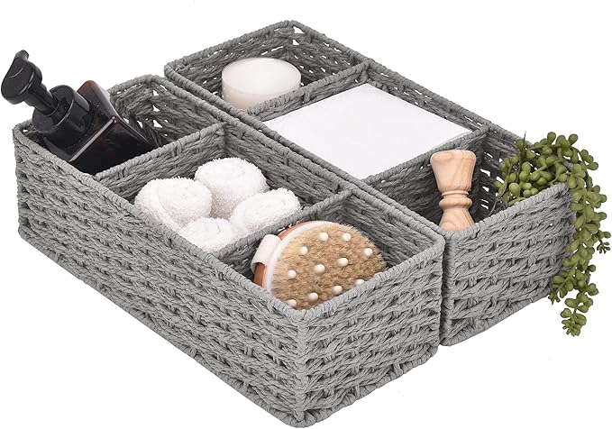 StorageWorks 3-Section Wicker Baskets for Shelves, Hand-Woven Round Paper Rope Storage Baskets, Gray, 2-Pack