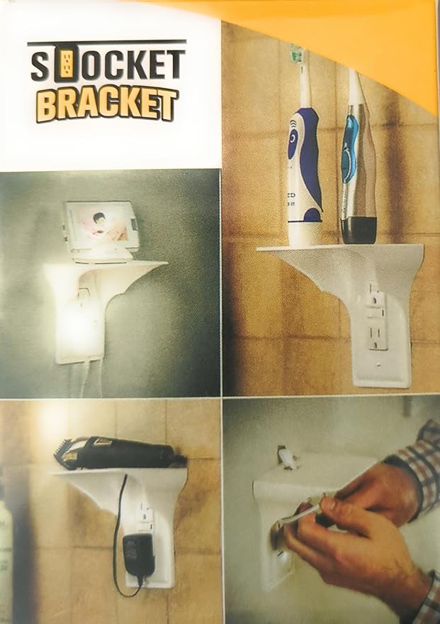 Townsend 2 Pack White Single Wall Outlet Shelf Organizer for Outlets, Perfect for Bathroom Kitchen Bedroom with Easy Installation with Adhesive Tape Products with Black Silcone 5 Cord Organizer.
