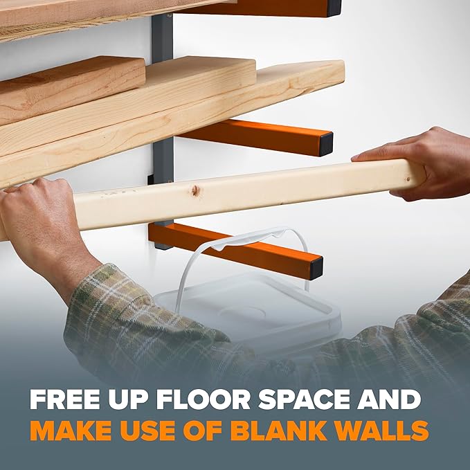 BORA 3-Level Wood Storage Rack, Wall-Mounted Hanging Shelf for Lumber, Garage Wall Storage, Space Saver for Workshop, Heavy Duty 300 lb Capacity, Metal Wood Rack System - PBR-0310, Orange/Black