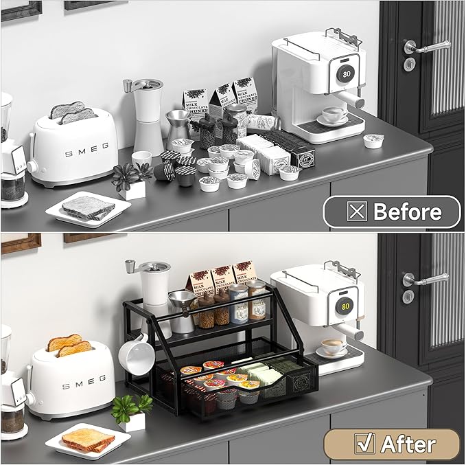 Coffee Syrup Rack Organizer, Syrup Bottle Holder Stand for Coffee Bar, 2-Tier 8 Bottles Storage Shelves for Syrup, Wine, Dressing for Kitchen Countertop, Black