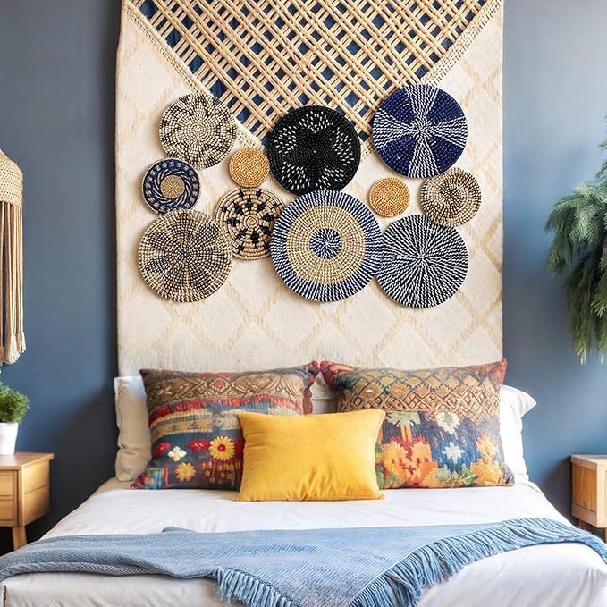 Tatuo 11 Pcs Boho Wall Basket Decor Decorative Bulrush Woven Basket Wall Decor Art Round Farmhouse Hanging Baskets for Kitchen Rustic Home Summer Decorations, Multi Sizes (Blue)
