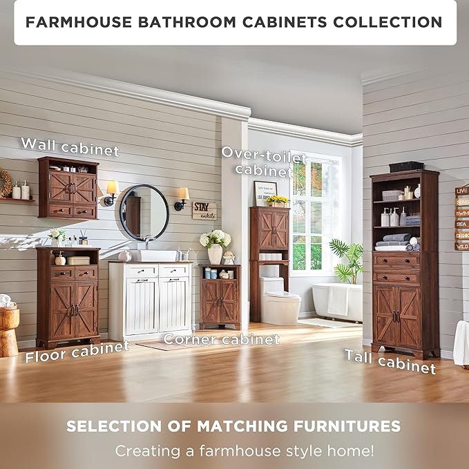 ACCOHOHO 72" Tall Bathroom Storage Cabinet, Farmhouse Storage Cabinet with Adjustable Shelves, Barn Door & 2 Drawers, Cabinet for Bathroom, Living Room & Kitchen, Brown