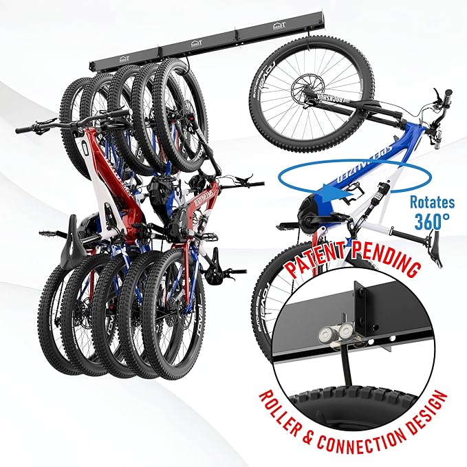 USA Based Ceiling Bike Hanger Slide Mount Up To 6 Bikes, Sliding Garage Bicycle Storage, 51" Heavy Duty Hanging Hook Racks 450lbs Limit, Overhead Mounted Hangers for Storing Bicycles | Black