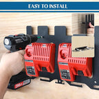 3-in-1 Metal Wall Mount for Milwaukee Charger, Battery and Drill, Battery Holder for 4×M12 & 4×M18 Batteries, Charger Holder for 2x M12-18C/2x M12-18FC/1x M18 DFC Chargers, Power Tool Organizer
