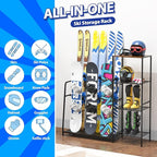 Freestanding Snowboard Rack - Ski Holders for 4 Pairs of Skis, 3 Pack Snowboard, Boot, Pole, Goggles, Helmet and More, Heavy Duty Steel Floor Stand Ski Organizer for Garage, Shed, Basement
