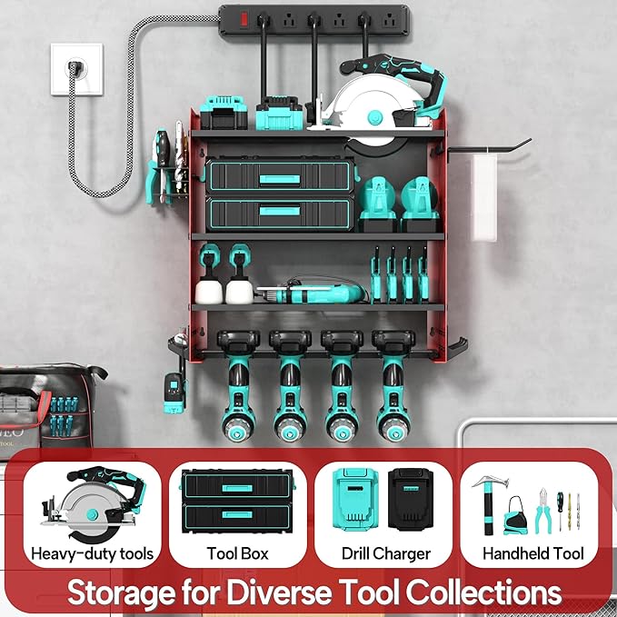 4 Layer Heavy Duty Power Tool Organizer Wall Mount with Charging Station, Adjustable Metal Storage Rack, 6 Outlets Power Strip, Drill Holders, Hooks & Drill Bit Rack for Garage, Workshop, Red