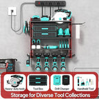 4 Layer Heavy Duty Power Tool Organizer Wall Mount with Charging Station, Adjustable Metal Storage Rack, 6 Outlets Power Strip, Drill Holders, Hooks & Drill Bit Rack for Garage, Workshop, Red