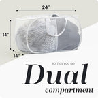 Handy Laundry Collapsible Laundry Basket, 2-Compartment Mesh Hamper – Foldable, Space-Saving, Lightweight & Durable with Handles for Dorm, Travel, Laundry Room, Apartment – White