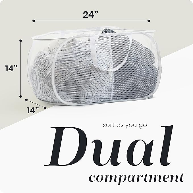 Handy Laundry Collapsible Laundry Basket, 2-Compartment Mesh Hamper – Foldable, Space-Saving, Lightweight & Durable with Handles for Dorm, Travel, Laundry Room, Apartment – White