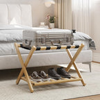 Fully Assembled Bamboo Luggage Rack, Heavy Duty Folding Suitcase Stand with Storage Shelf, Guest Room Essentials, Ideal for Bedroom, Hotel, Natural
