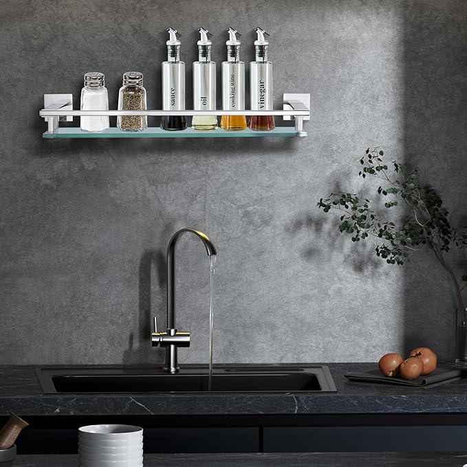 LANC Chrome Bathroom Shelf Glass Shelves 20-Inch Floating Tempered Glass Shelf Rectangular Stainless Steel Wall Mounted Silver Polished Shelves for Bathroom Kitchen Organizers Accessories, A7613CP