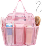 F-color Mesh Shower Caddy Portable with Zipper - Upgrade Deeper 7 Pockets Dorm Room Essentials for Guys Girls with S Hook, Shower Bag Basket Tote for College Camping Toiletry Bathroom, Pink