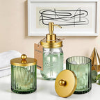 Amolliar Sage Green Glass Qtip Holder Dispenser, Bathroom Canister Apothecary Jar for Cotton Swabs, Cotton Balls, Round Pads, Floss Picks, Countertop Storage Organizer Container for Vanity,Gold 4 Pack
