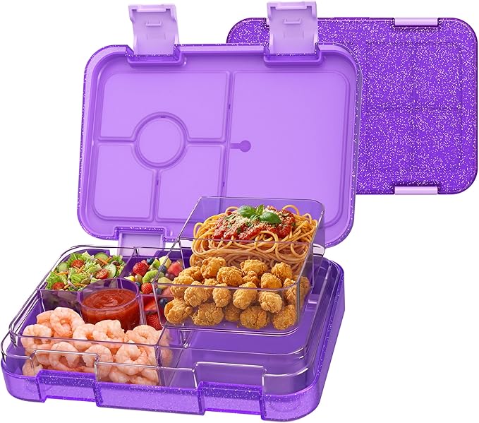 Bento Lunch Box for Kids, Plastic Lunch Box Case, 5/6 Tritan Compartments, BPA free, Ideal Portion Sizes for On-the-Go Meal, Shiny Purple and Clear
