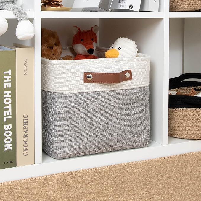 DULLEMELO Collapsible Rectangle Storage Basket for Shelves/Closets - Organize Clothes, Toys, Towels, Books, Laundry, Nursery, Dog Toys - Empty (White & Gray)