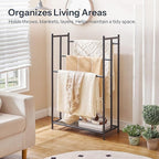 HOOBRO Free Standing Towel Rack for Bathroom, 25.2" L x 11.4" W x 39.4" H, 3-Tier Blanket Rack Stand with Bottom Mesh, Freestanding Quilt Stand with Adjustable Feet, Industrial Style, Black BK09LB01