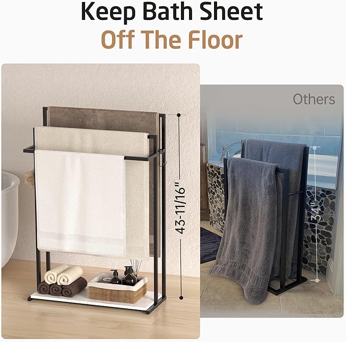 KES Extra Large Free Standing Towel Racks for Bathroom with Anti Wobble Base, 44 Inch Blanket Rack, 3-Tier Blanket Holder for Living Room with Weighted Marble Shelf & 4 Hooks, Matte Black, BTH504-BK