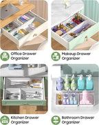 10 Pack Large Size Plastic Drawer Organizers Set, 3 Sizes Desk Drawer Organizer Trays, Storage Bins for Vanity, Makeup, Bathroom, Kitchen Utensils and Office (White)