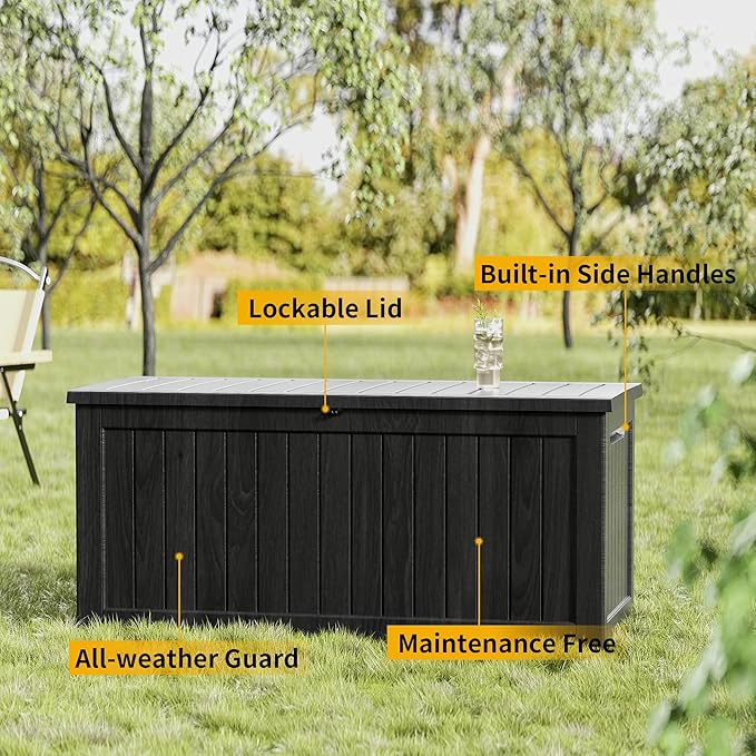 Outdoor Storage Box 180 Gallon Waterproof, Large Lockable Resin Deck Box Patio Storage Bin for Pool Accessories Cushion Furniture, Garden Tools, UV-Resistant Outside Delivery, Black
