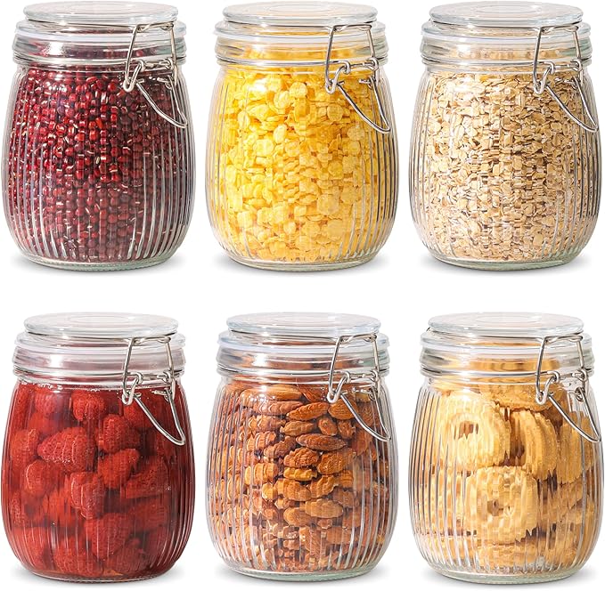 ComSaf 25oz Fluted Glass Mason Jars - Set of 6 Vintage Canisters with Airtight Lids for Sourdough Starter, Pickling, Coffee & Pantry Organization, Farmhouse Kitchen Decor