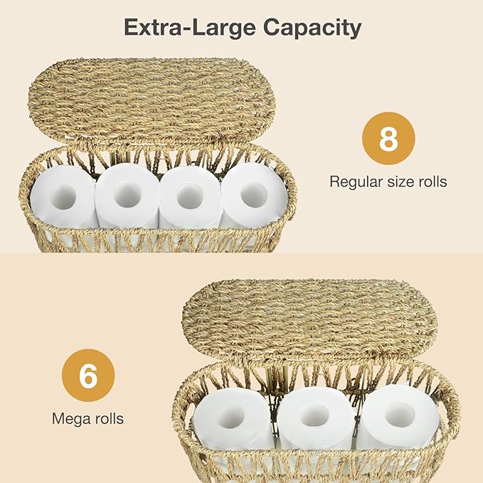 Toilet Paper Storage Basket with Lid Wicker Toilet Paper Holder for Up to 6 Mega Rolls Natural Hand Woven Rattan Toilet Paper Roll Storage Holder for Bathroom Basket Organizer