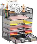 Lavatino 6-Tier Paper Organizer Letter Tray with Drawer - Mesh Desk File Paper Office Supplies Sorter Organizer for Office, Home or School File Folder Holder - Black