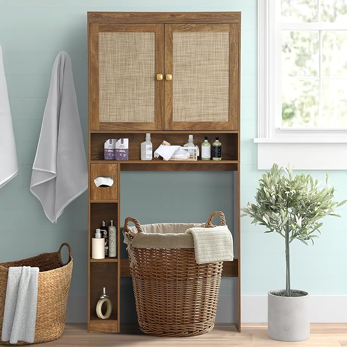 Over The Toilet Storage Cabinet Bathroom Shelf Over Toilet Bathroom Organizer Space Saver Rack with Adjustable Shelf (Brown- Yellow, Rattan Style)
