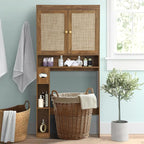 Over The Toilet Storage Cabinet Bathroom Shelf Over Toilet Bathroom Organizer Space Saver Rack with Adjustable Shelf (Brown- Yellow, Rattan Style)