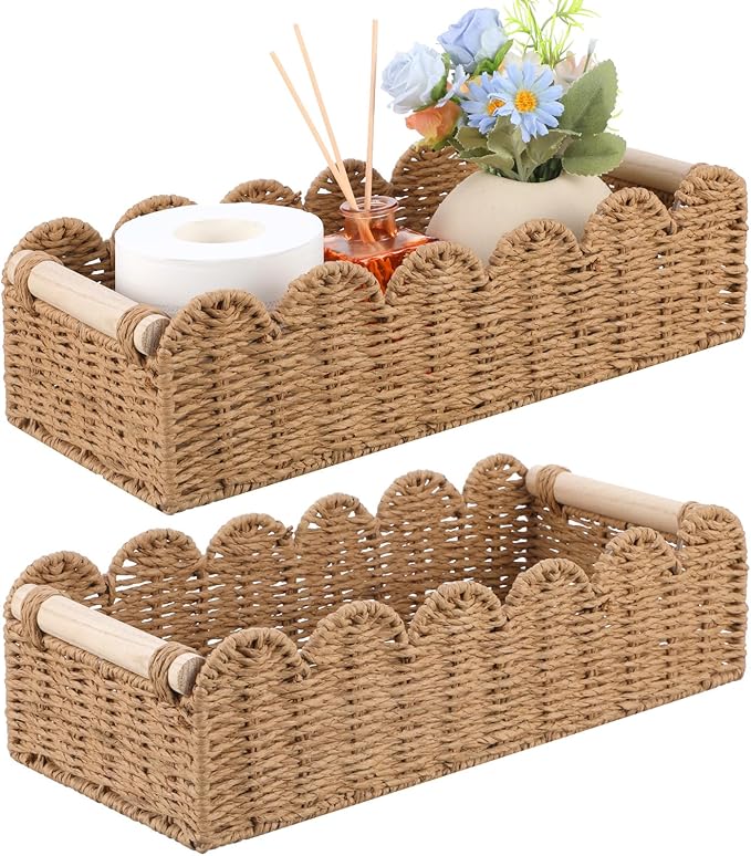 2pcs Scalloped Decor Basket,Toilet Paper Storage Basket with Handles,Toilet Basket for Organizing Over Toilet Storage Shelf Countertop Living Room Bedroom Home Decor